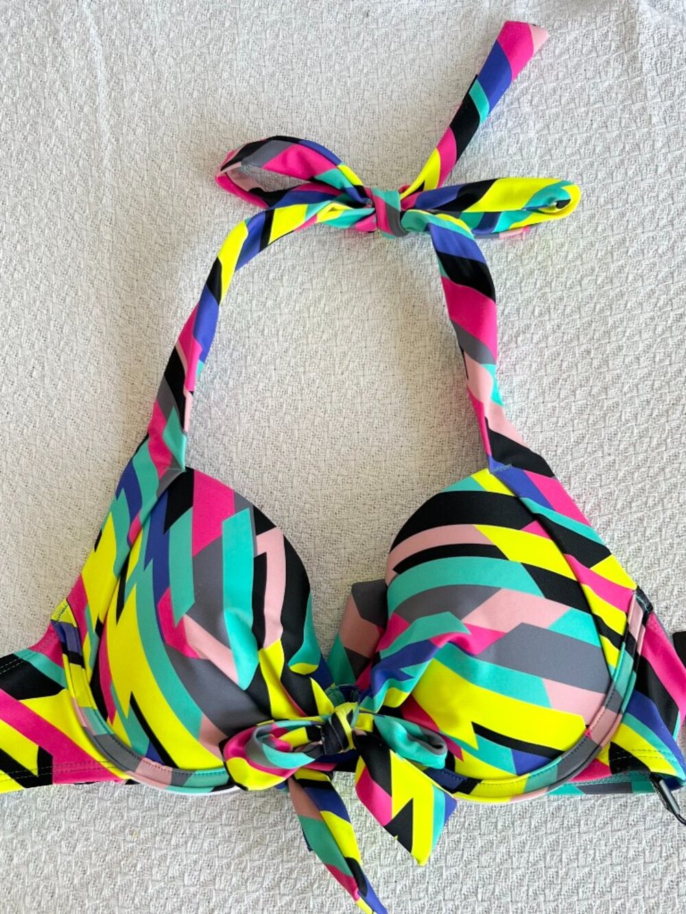 Ocean Blues bikini top neon color block push up underwire halter Small swim